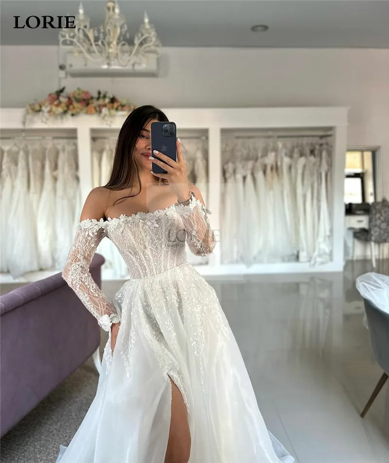 LORIE Organza Off The Shoulder Wedding Dress A Line Long Sleeve Lace Side Split Bride Dresses Elegant Wedding Gowns Customized