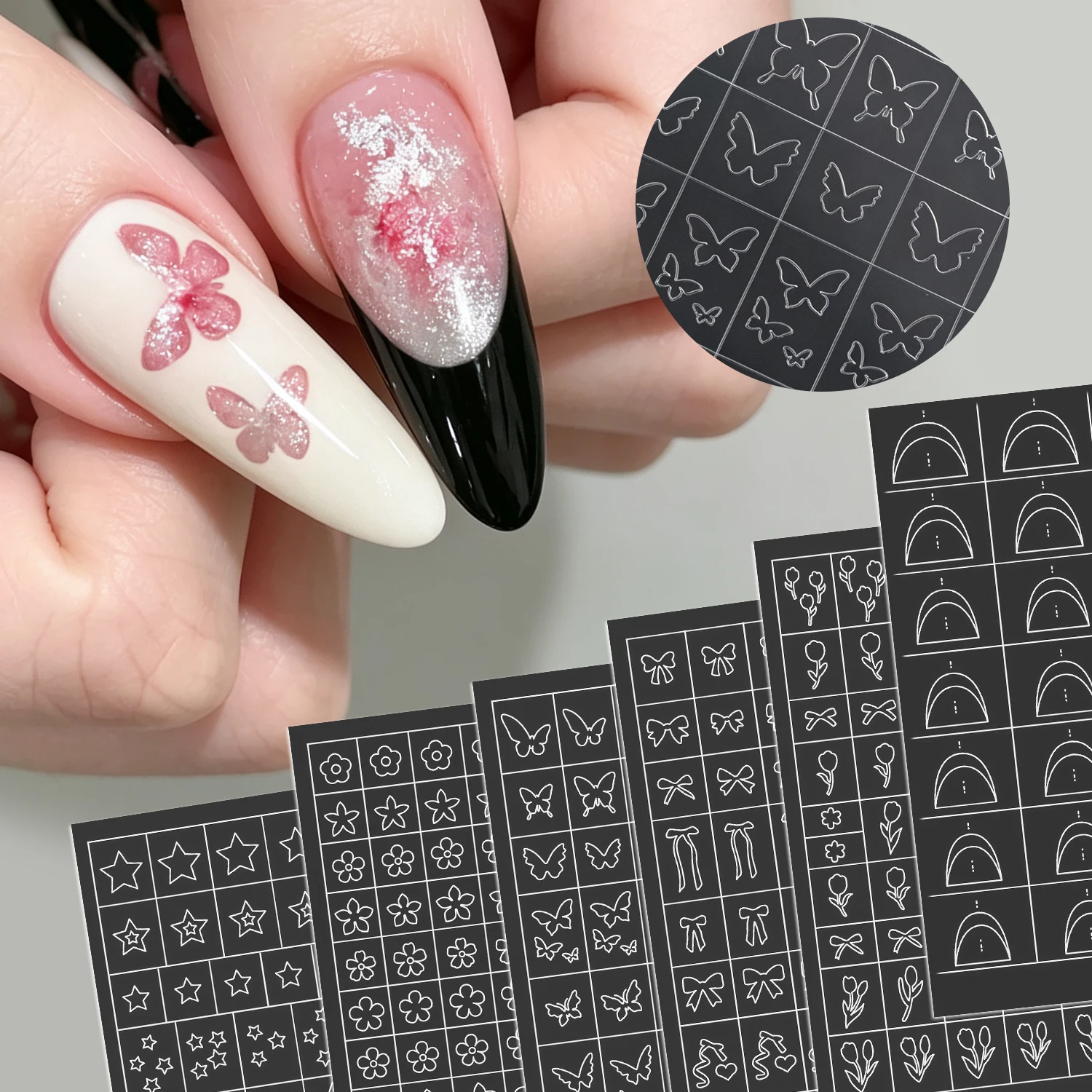 1Pcs Hollow French Line Star Bow Flower Airbrush Nail Stickers Butterfly Heart Spray Painted Nails Decal Manicure Auxiliary Tool