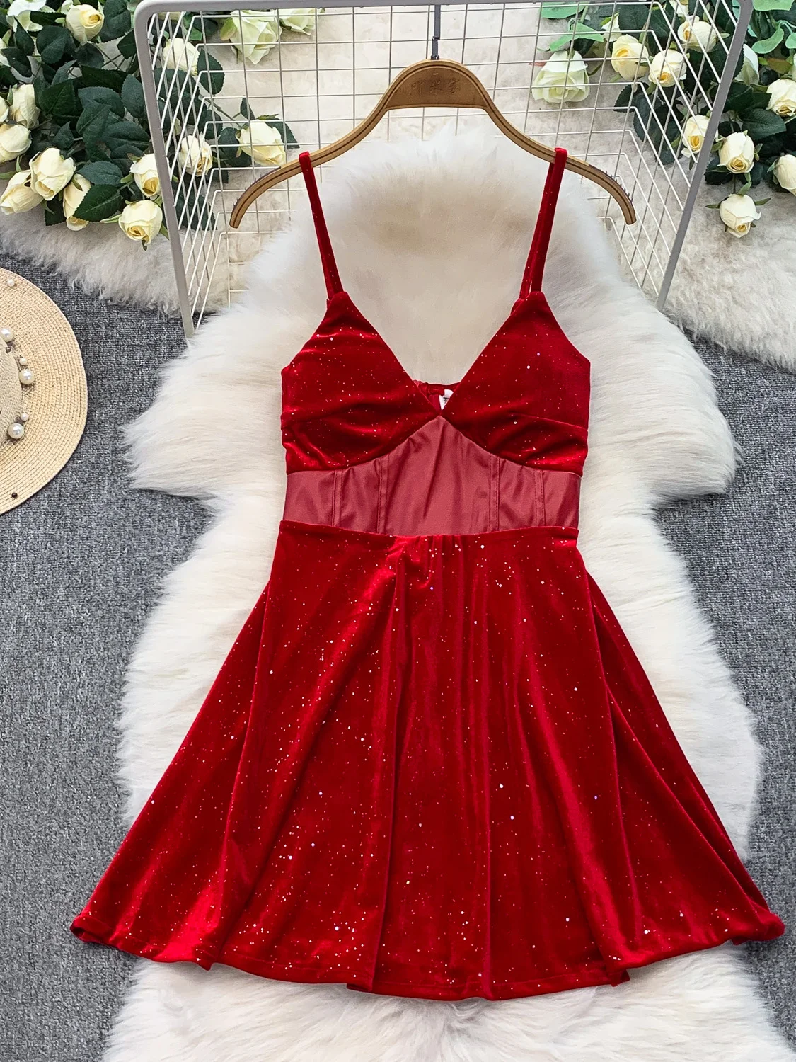 Velluto con paillettes scozzese Vita snellente V-Ne Strapl Dr French Sle Vita alta Gonna a trapezio Abito anti-pilling senza maniche