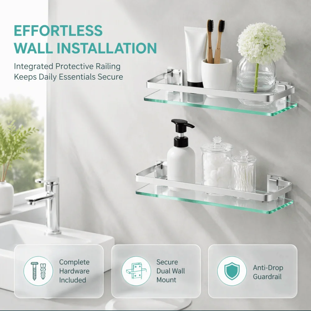 Aluminum Glass Bathroom Storage Rack Tempered Thickened Glass Rectangular Shape Glass Shelf Organizer Wall Mounted Silver