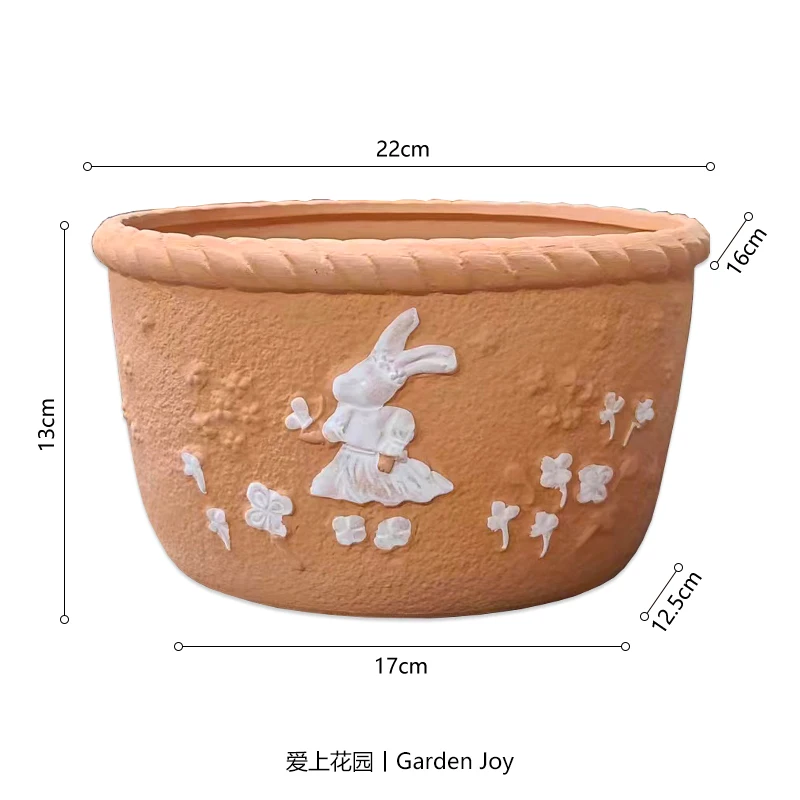 

Rustic Red Clay Planter with Bunny, Butterfly, and Flower Design