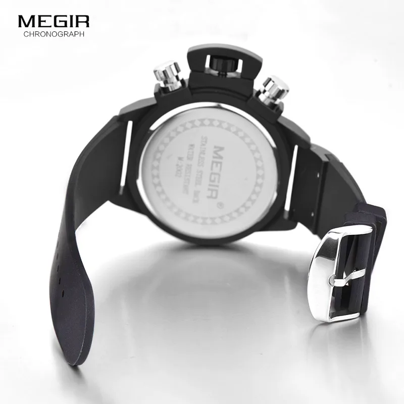 Megir Fashion Mens Silicone Band Sport Quartz Wrist Watches Analog Display Chronograph Black Watch for Man with Calendar 2002