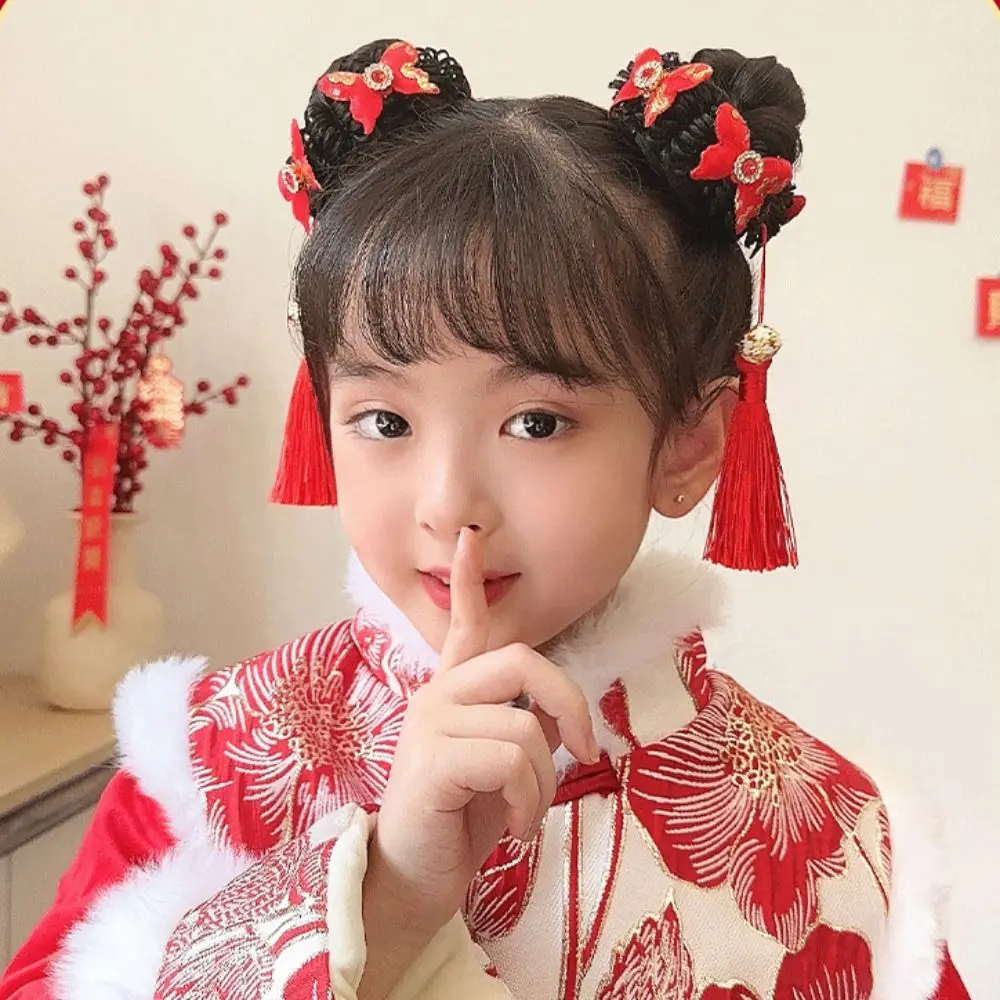 Tassel Bow Wig Braid Hair Rope Flower Red Children Hanfu Hair Ring Elastic Hairbands Ancient Headwear Chinese New Year Headwear