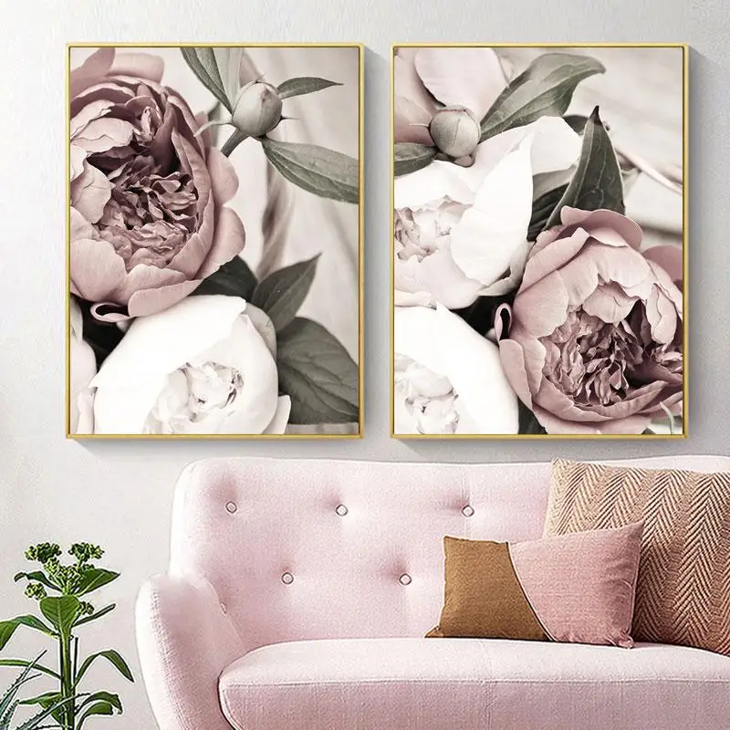 Pink Flower Leaf Plant Poster Nordic Botanical Canvas Painting Print Wall Art Decoration Picture Home Decoration