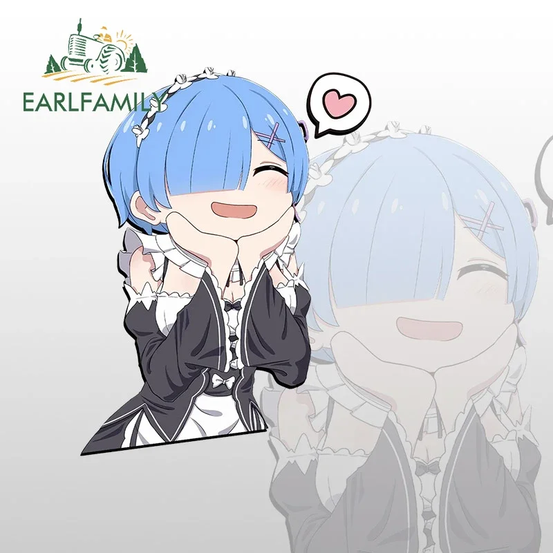 

EARLFAMILY 13cm x 9.8cm for Kawaii Rem Gill Support Car Stickers Cute Anime Sunscreen Decal Caravan Car Refrigerators Decor
