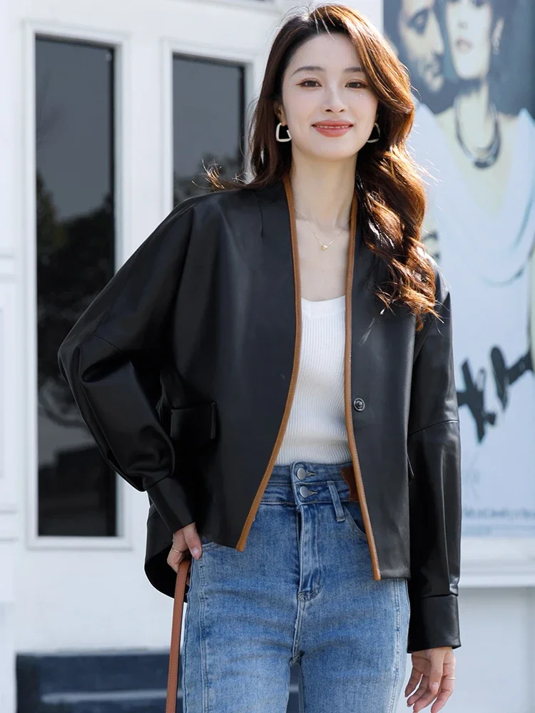 

Simple V-neck Genuine Leather Jackets for Women Spring Autumn 2026 New High-end Casual Batwing Sleeve Short Real Sheepskin Coat