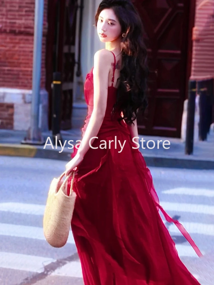 Red Vintage Elegant Midi Strap Dress Women Ruffles Design Causal Korean Fairy Dress Female 2024 Autumn Strapless Party Dress Y2k