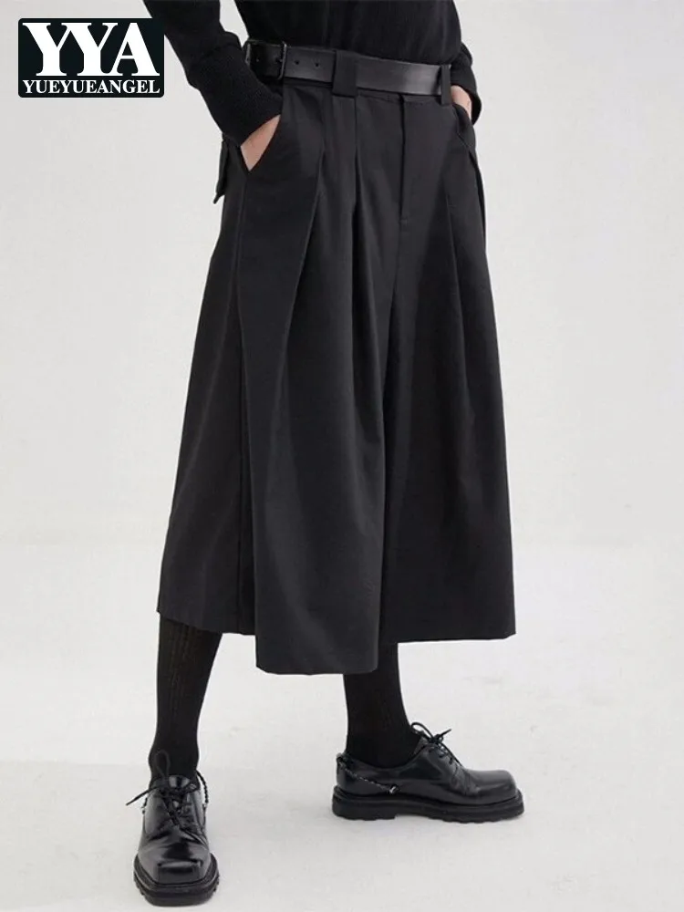 New Mens Casual Pants Solid Color Loose Fit Button Straight Mid Calf Length Trousers Japanese Gothic Men Black Wide Leg Pants
