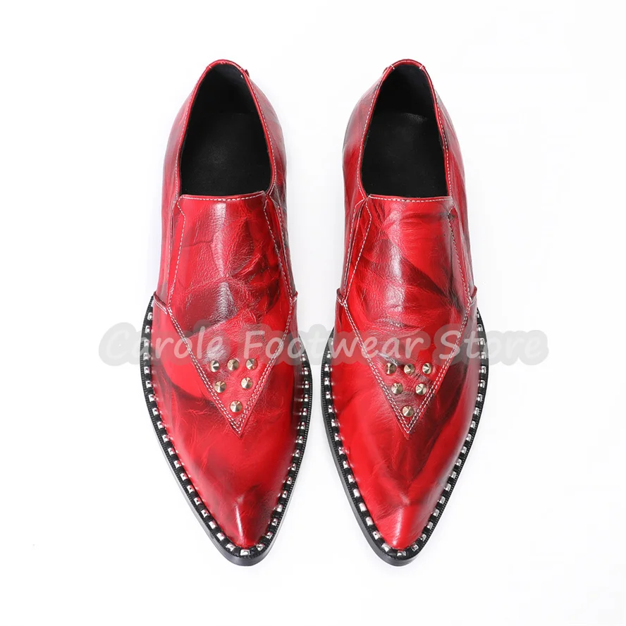 Male Genuine Leather Slip-On Loafers for Men Punk Rivet Decor Square Toe Chunky Heel Mules Men's Business Formals Dress Shoes