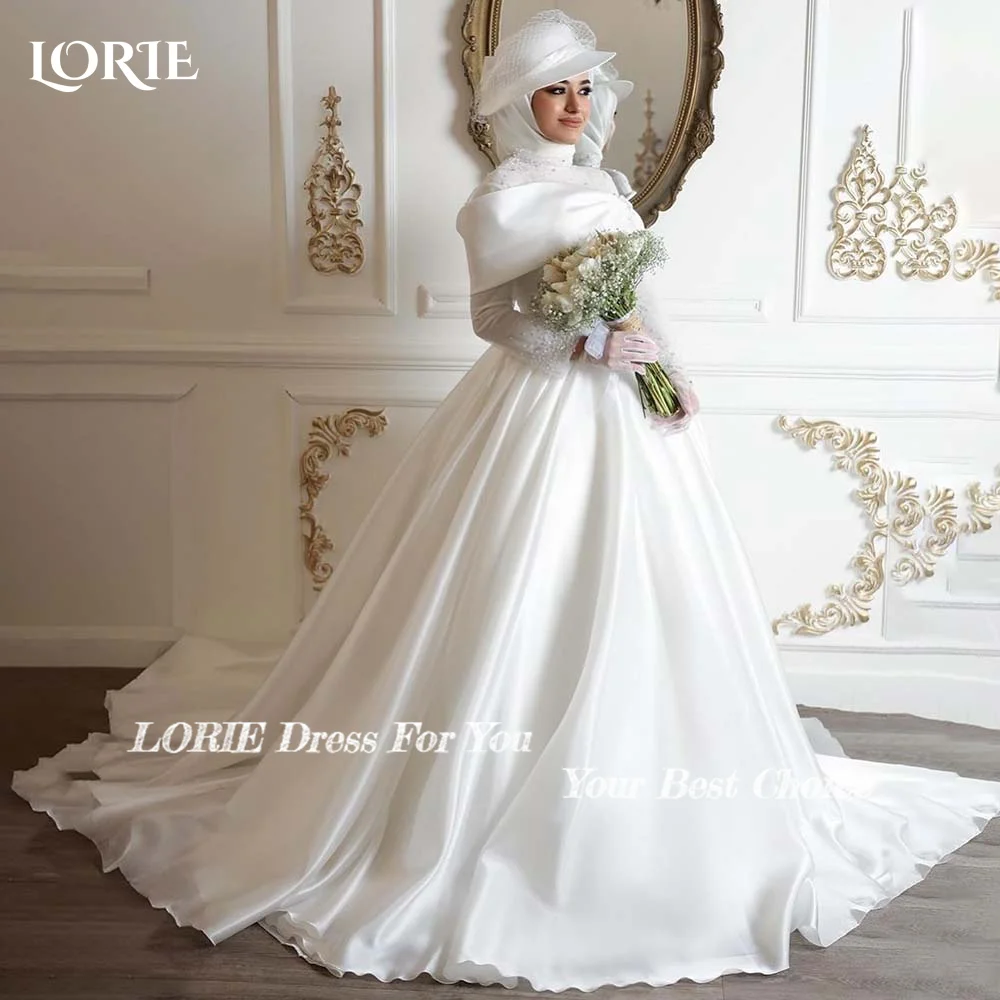 Lorie muçulmano vestido de casamento brilhante manga longa cetim vestido de noiva personalizado gola alta até o chão vestido de noiva saudita dubai