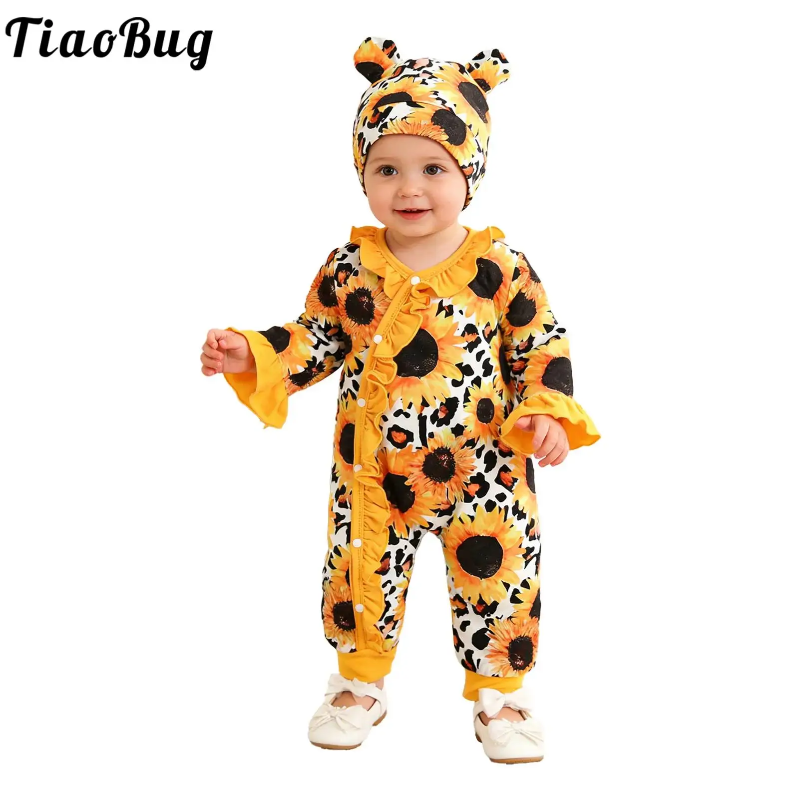 

Baby Girls Clothes Coming Home Outfit Spring Fall Long Sleeves Floral Printed Rompers Jumpsuit with Hat Headband for Photoshoots