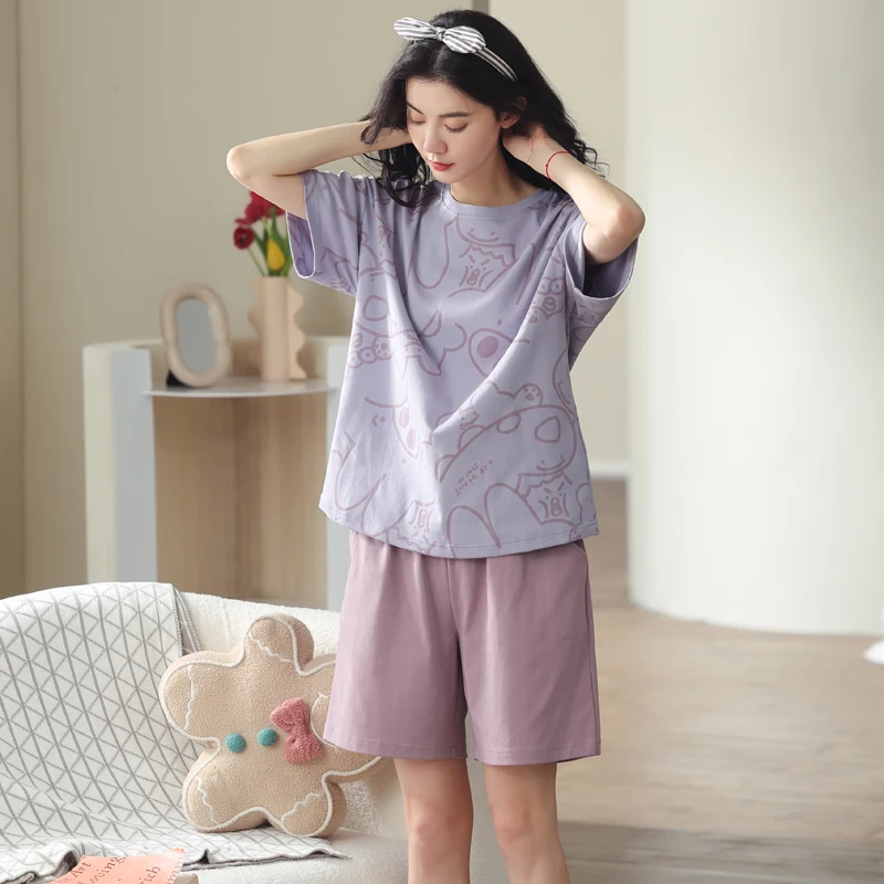 MiiOW Summer Loose  Breathable Cotton Soft Set Woman 2 Pieces Women\'s Pajama Set Short Sleeve Shorts Homewear Pyjama Pour Femme