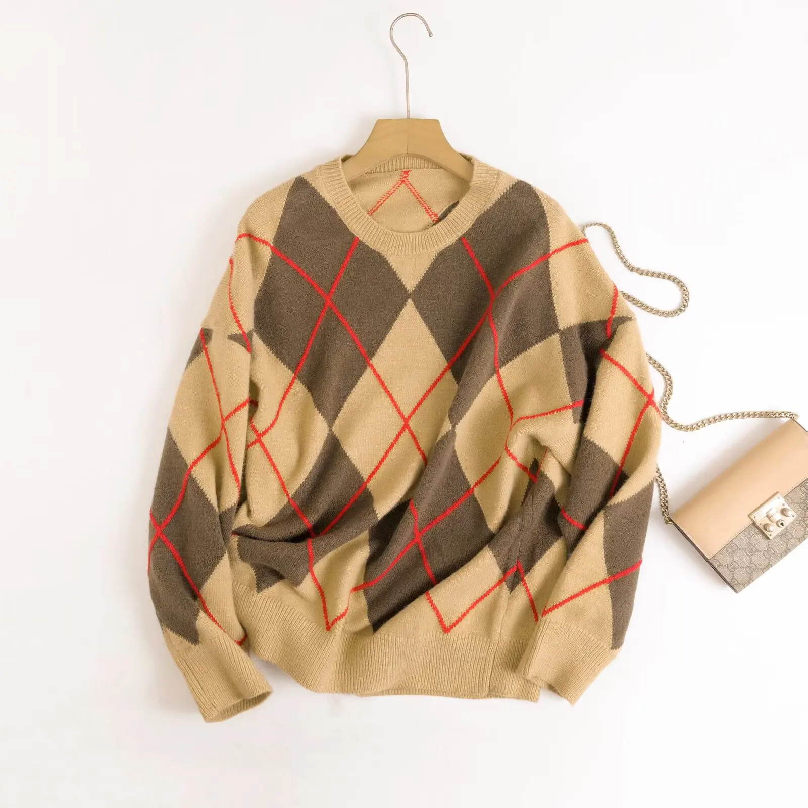 

Ethereal costume 2026 MD spring new style of Ladies' Elegant diamond-shaped round-neck knitted sweater