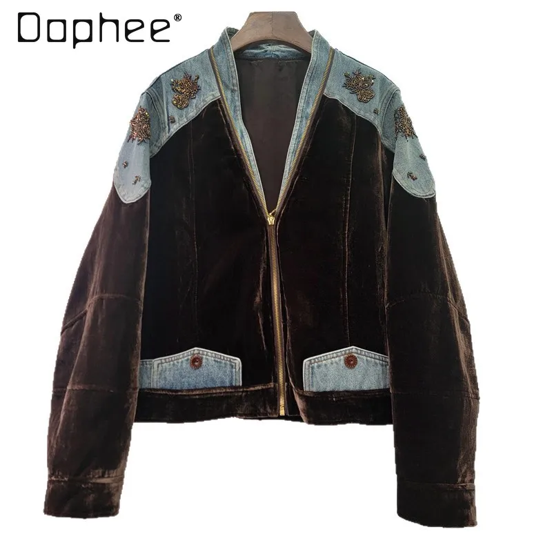 

Осень 2023, новая бархатная лоскутная куртка в стиле ретро с цветными блоками и дизайнерской вышивкой бисером, джинсовая куртка для женщин