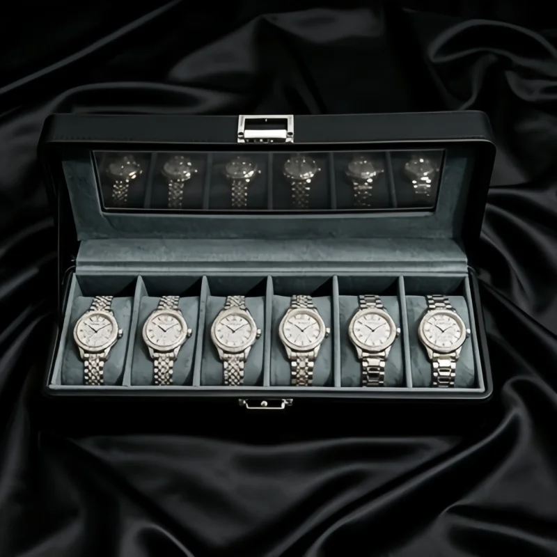 Business Gift 6 Slot Leather Watch Box Set, Lockable Watch Organizer + 2 Self-Closing Pouches for Colleagues Boss