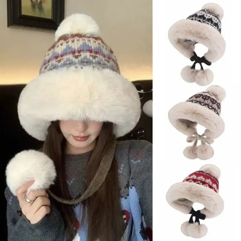 Fashion Thick Knitted Plush Hat Warm Ball Ear Protection Hat Windproof Ethnic Style Pullover Beanie Hat Girls