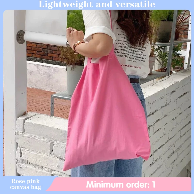 

Rose Pink Canvas Bag for Women Shopping School Commuting Storage Portable Fashionable Versatile Casual Cotton Solid Color Bag