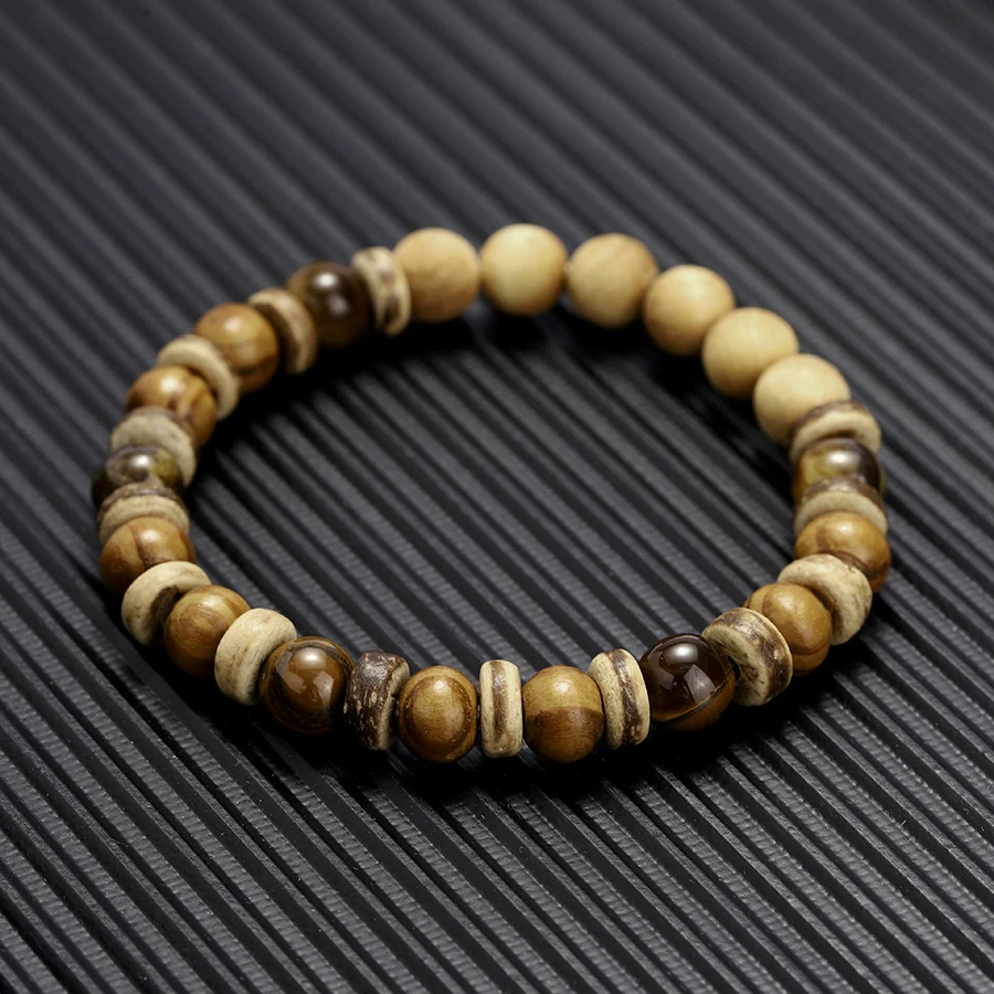 Vintage Wood Beaded Bracelet Mens Natural Stone Braslet Yoga Meditation Prayer Jewelry Tiger Eye Braclet Homme view 5