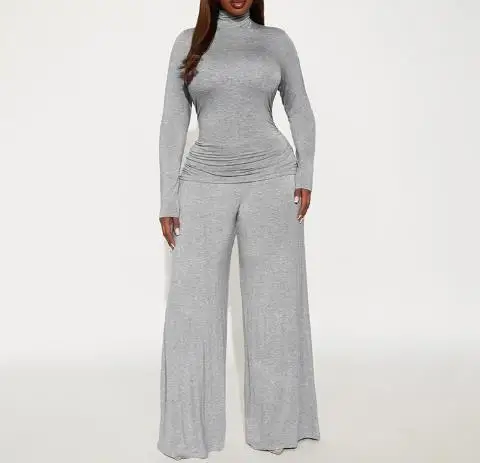 

Autumn and Winter High Neck Solid Color Base Pleated Top, High Waisted Flared Pants Set, Women's Clothing