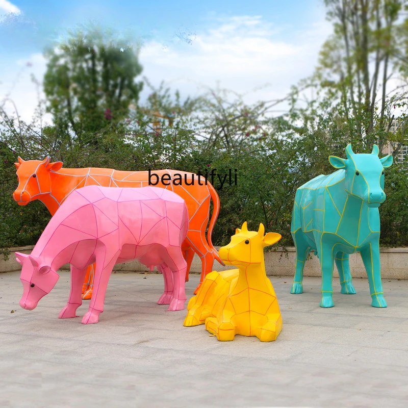 Geometric Cow Ornament Community Garden School Square Sales Department Playground Cartoon Animal Sculpture Landscape