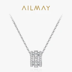 Ailmay Authentic 925 Sterling Silver Round Brand Classic Silver Pendant Necklace Sparkling Zircon Fine Female Fashion Jewelry