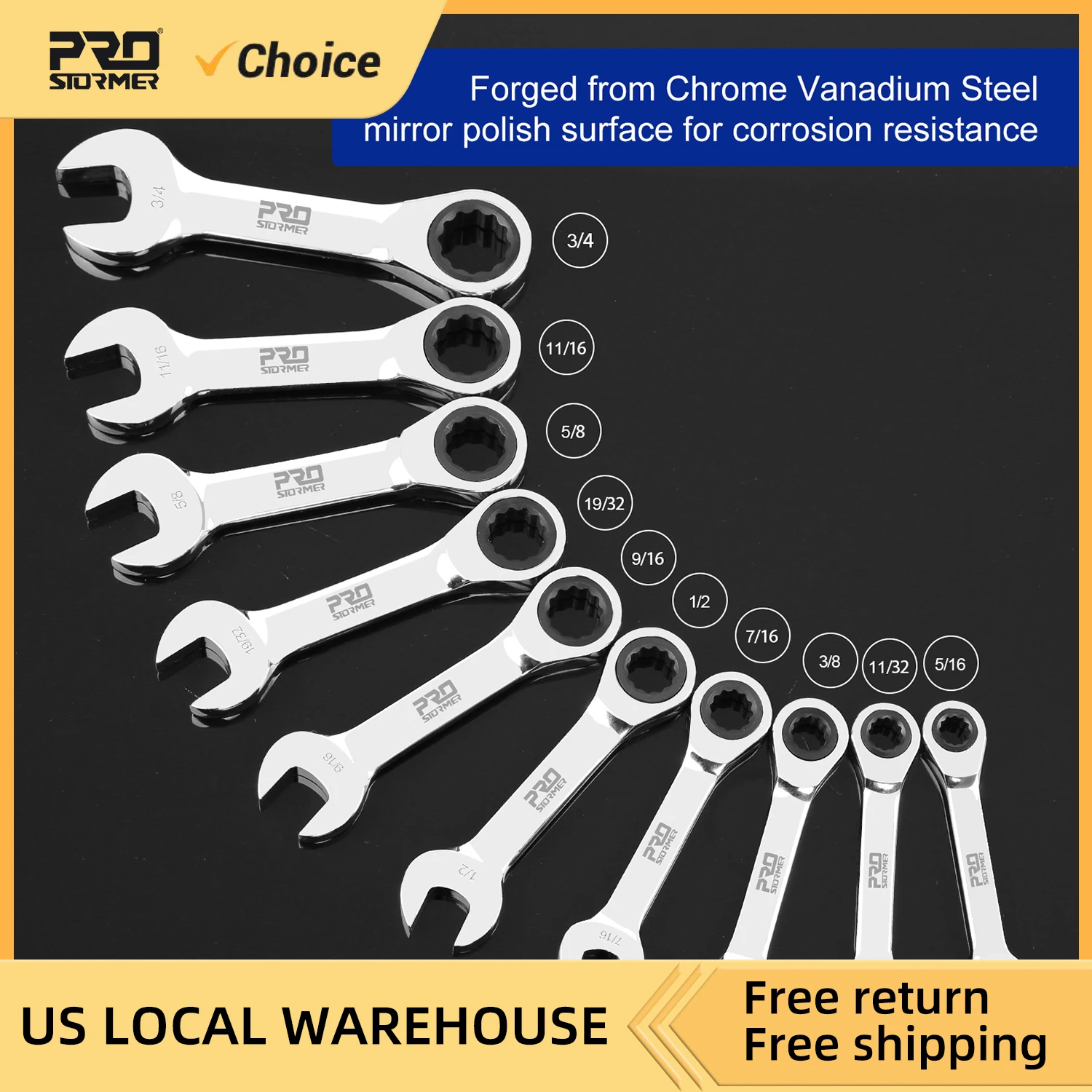 

Stubby Ratcheting Combination Wrench Set 10-Piece 5/16" to 3/4" SAE Chrome Vanadium Steel Ratchet Wrenches with Rolling Pouch