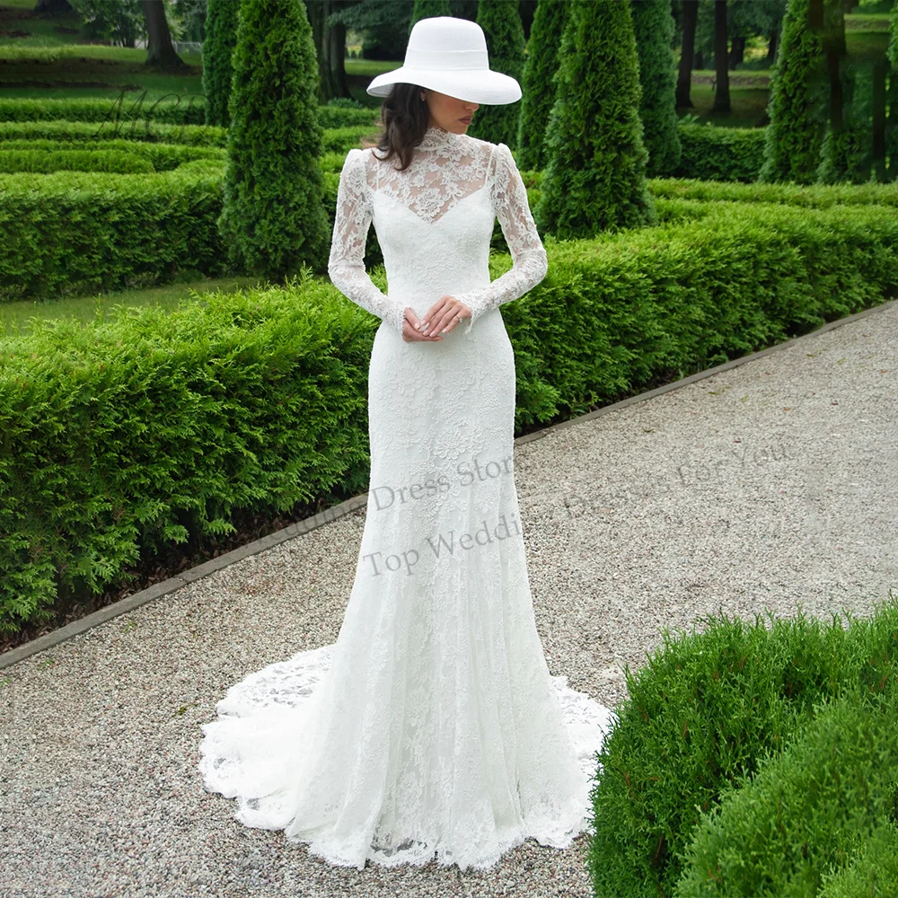 

Lace Mermaid Wedding Dresses Bride Applique Full Sleeve Illusion Back Russian Sweep Train vestidos de novias Bridal Gown 2026