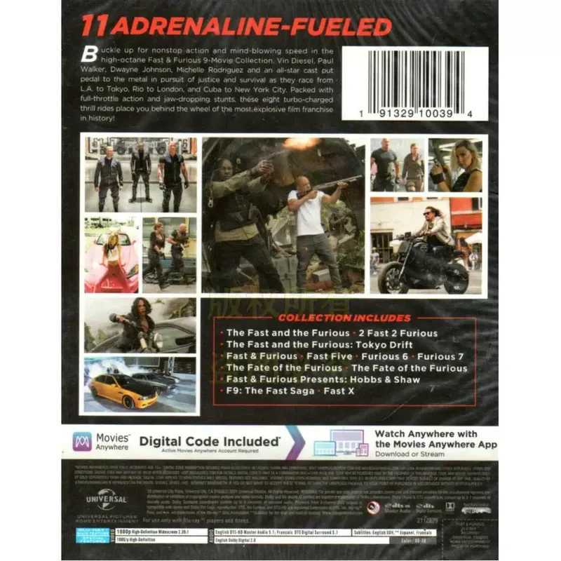 American Action Adventure Film Fast and Furious 1 to 11 Boxed Blu-ray BD High Definition 11 Discs