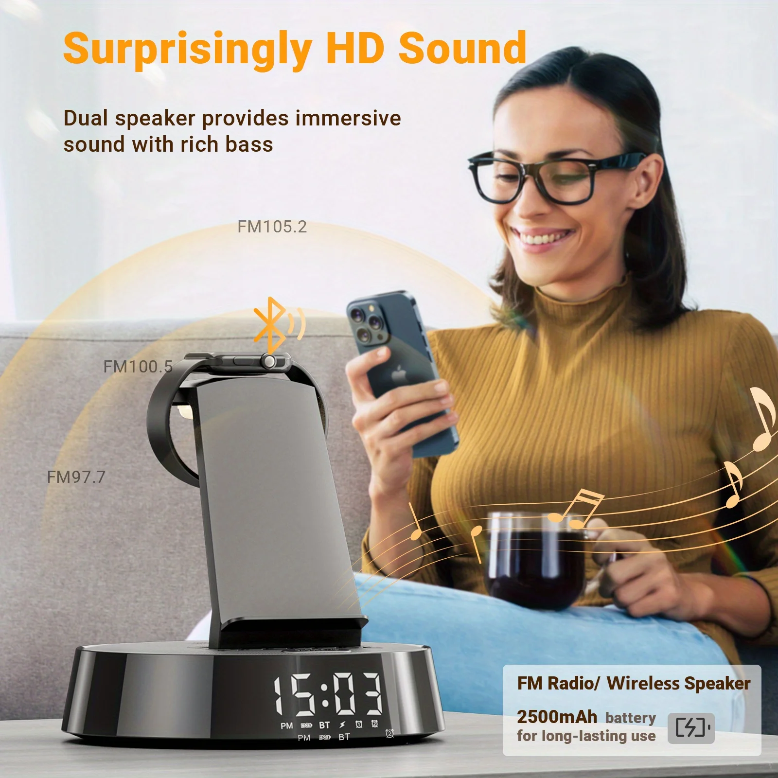 4-in-1 Alarm Clock: Wireless Charger, Bluetooth Speaker, FM Radio & Night Light for IPhone 16-11, Apple Watch, AirPods