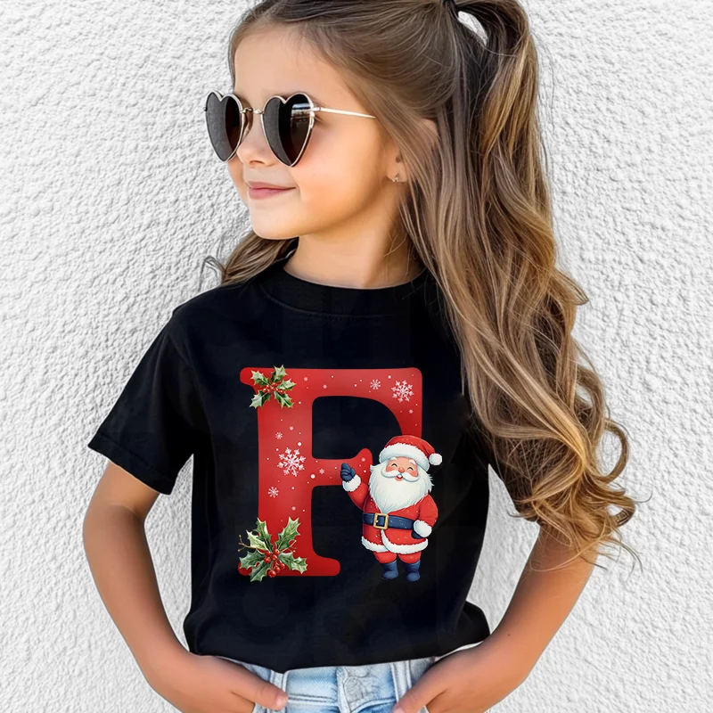 Santa Claus A-Z Alphabet Print Kids T-shirt for Christmas Party, Cotton Holiday Tops Outfit for Boys & Girls, Perfect Xmas Gift