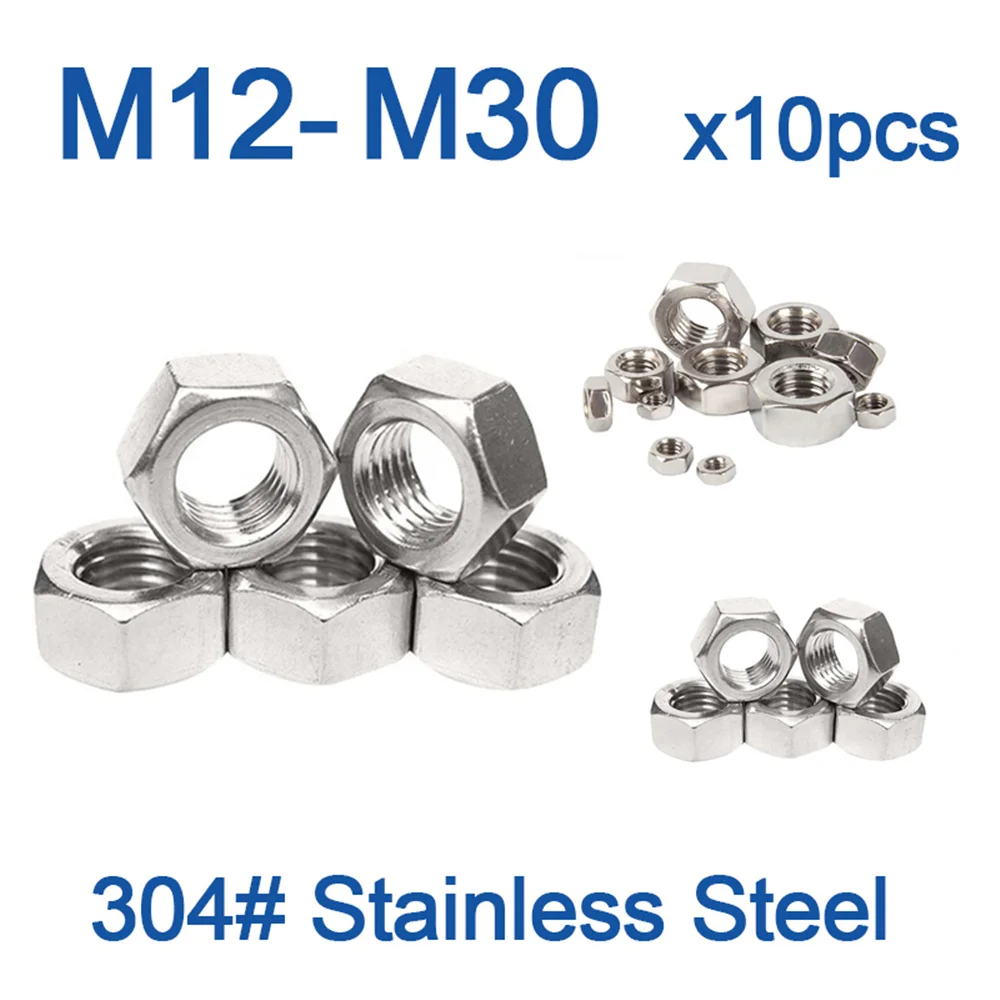 

10pcs/lot 304 Stainless Steel Hex Hexagon Nuts DIN555 M12 M16 M20 M24 M27