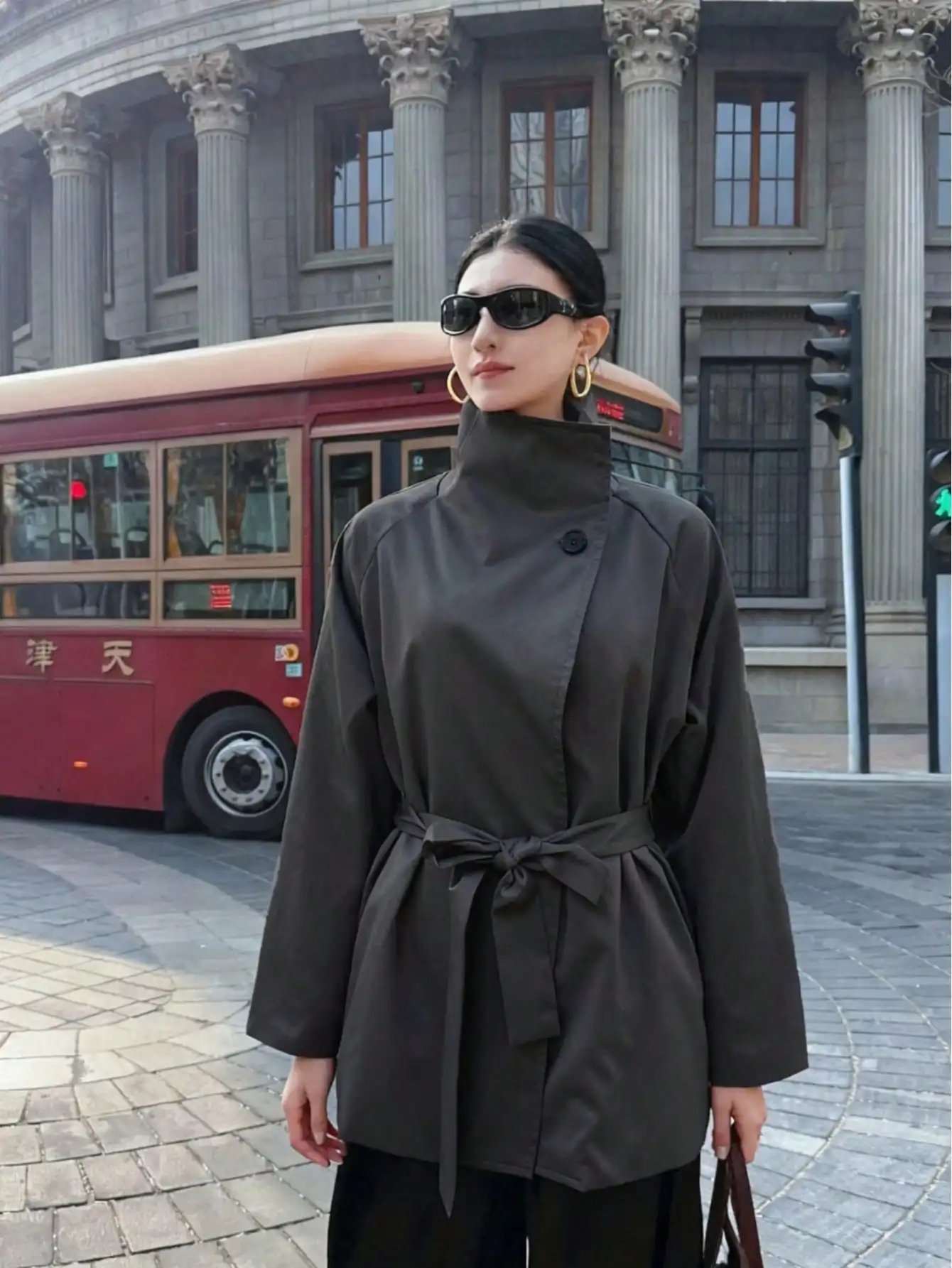 

Vintage French Style Grey Trench Coat High Stand Collar Belted Waist Long Sleeve Elegant Work & Casual Outerwear