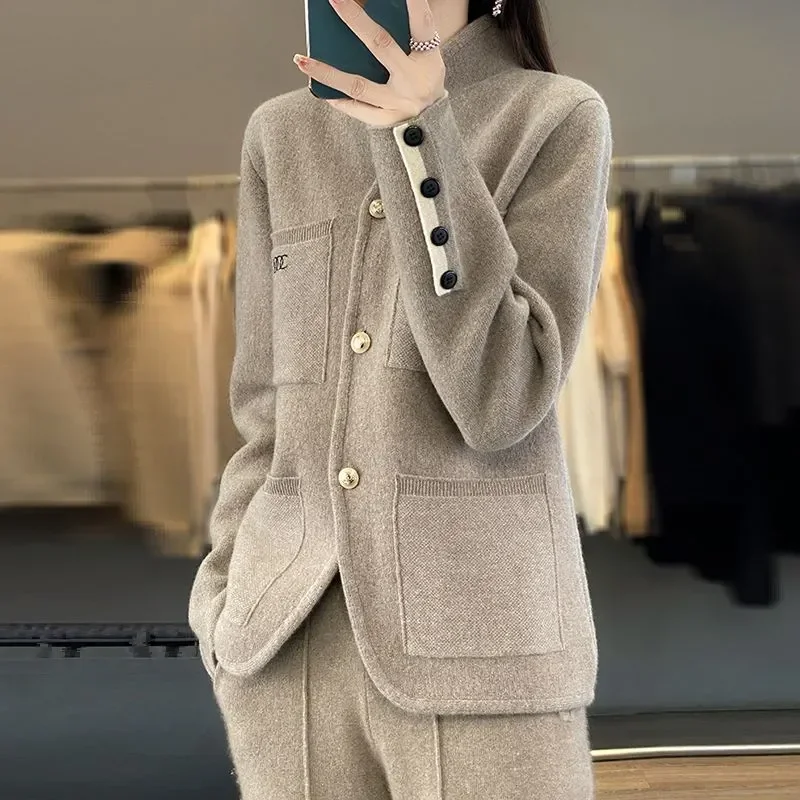 

Pop 2024 Aautumn And Winter New Blend Wool Sweater Women's Cardigan Stand Collar Thick Versatile Solid Color Knitted Jacket Came