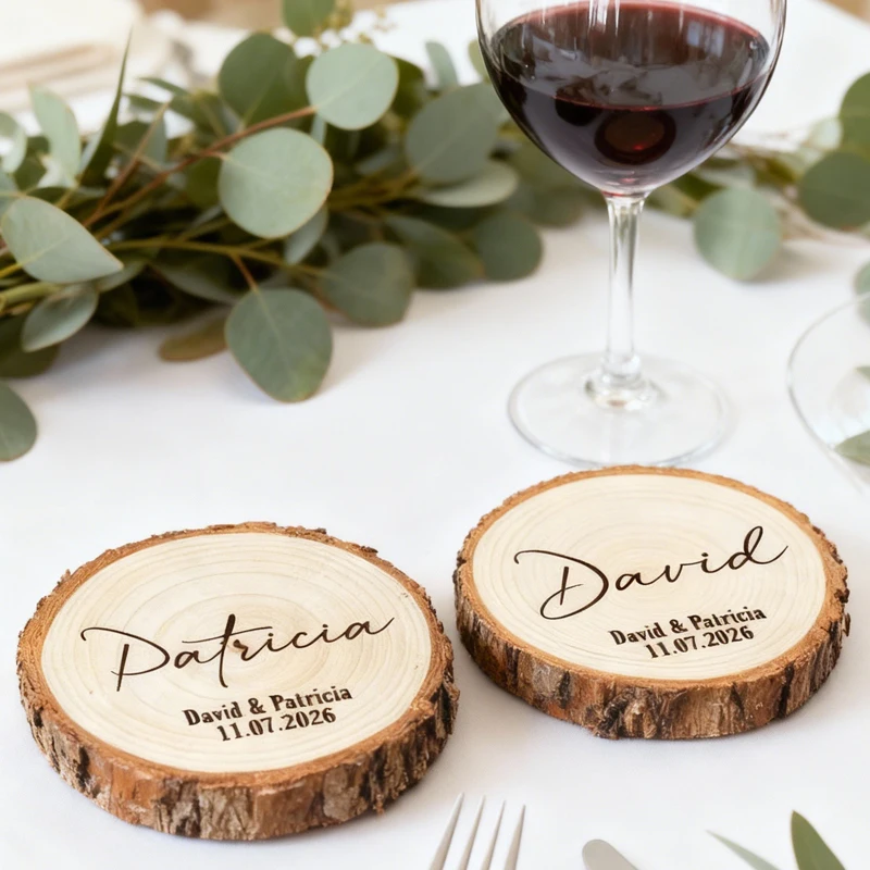 

10PCS Personalized Wedding Coasters, Round Wooden Coasters Wedding Gifts for Guests, Custom Coasters Natural Wood Coaster