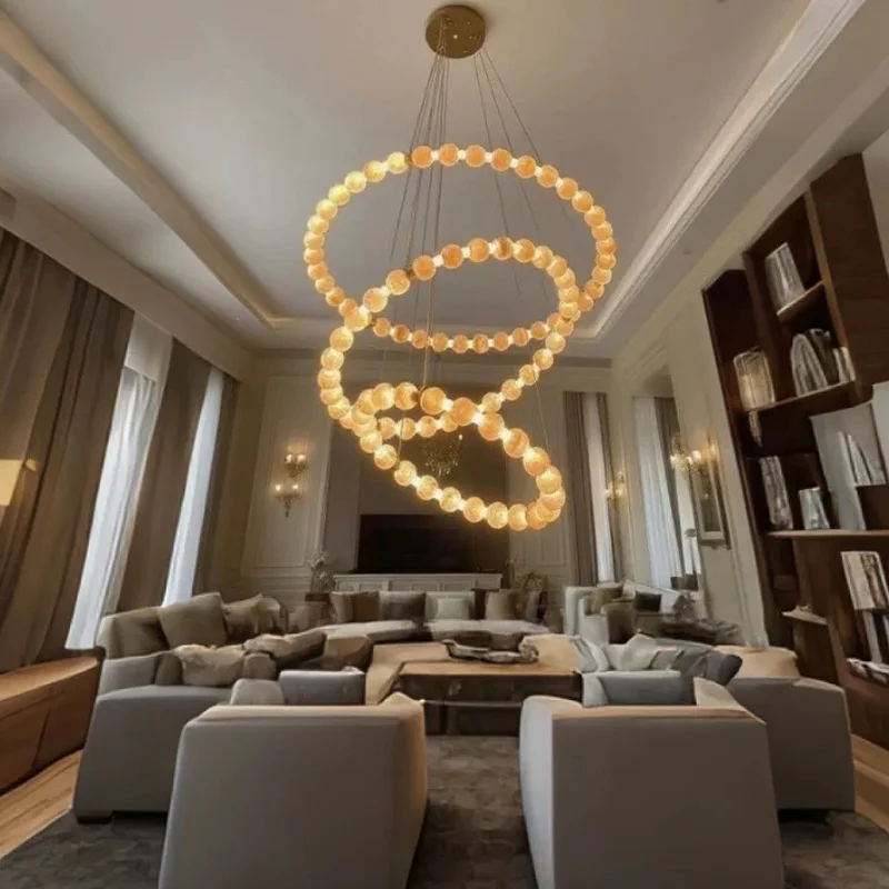 2025 Contemporary American Style Ring Chain Chandelier Marble Stainless Steel Pendant Lamp Dimmable Ceiling Light