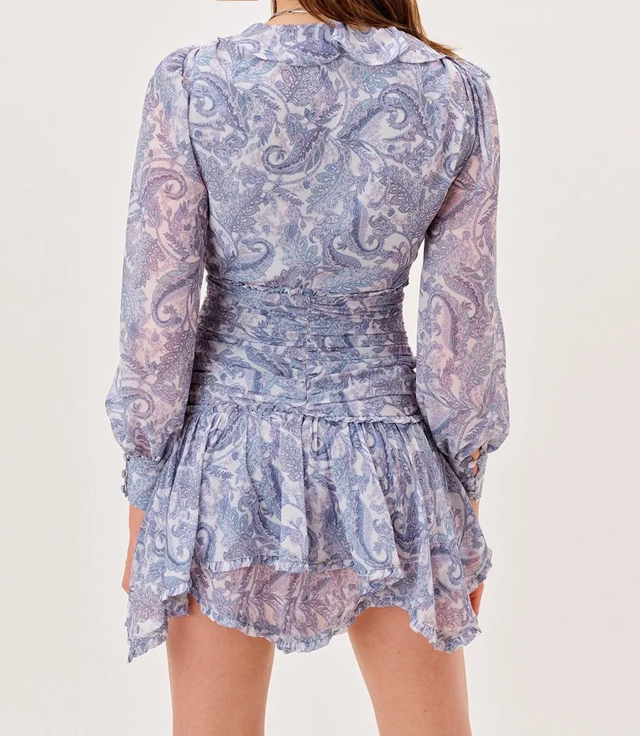 2022 Blue Floral Print Chiffon Mini Dress Women Wood ears Ruffles V neck Open Buttons Slim Ruched Waist Long Sleeve Holiday Robe