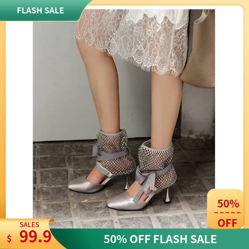 Handmade Women Ankle Strap High Heel Pumps 7.5CM Stiletto Heel Square Toe Satin Rhinestone Mesh Upper Genuine Pigskin LiningF46