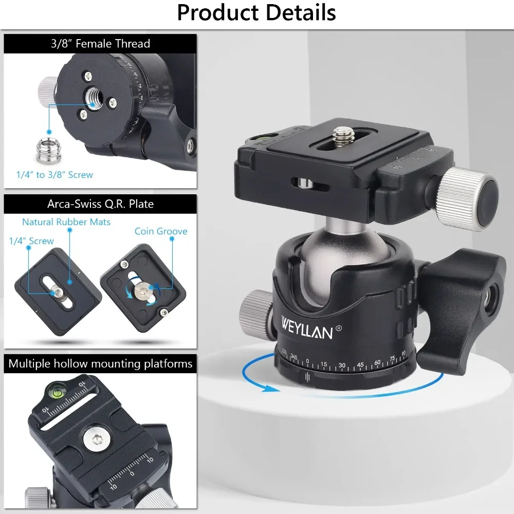 WEYLLAN EB30S Tripod Head Universal Ball Head ow Gravity Center 360 Panoramic Video Ballhead Quick Release Plate for Tripod DSLR images - 6