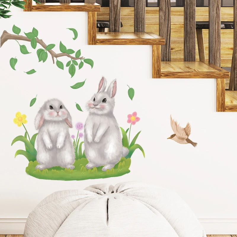 Cute Bunny Wall Stickers for Children Kids Rooms Girls Baby Room Decoration Nursery Kawaii Cartoon Rabbit Wallpaper Home Decor