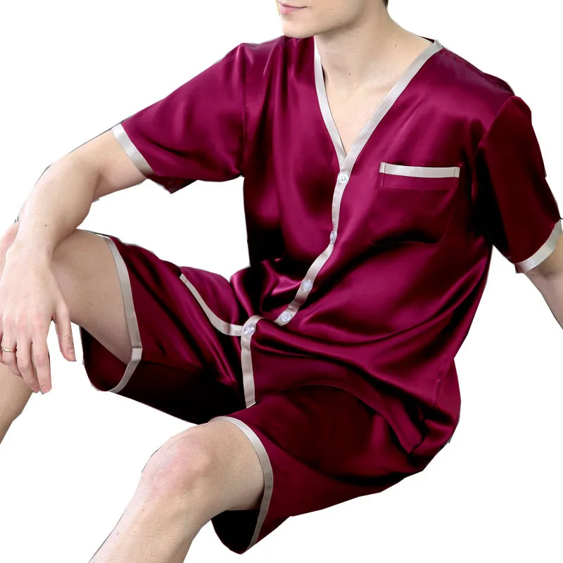 Men Pajamas Set 100% Pure Silk Short Sleeves and Box Leisure Home Sleepwear Size L XL XXL