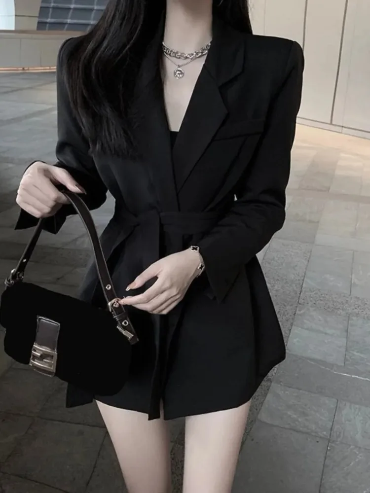 

Insozkdg Women Suit Jacket 2024 New Autumn Winter Coat Lace-up Waist Design Sense Niche High-end Mid-length Black Small Suit Top