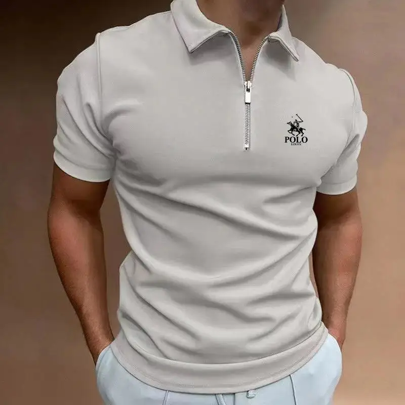 

Summer Men's Solid Color Polo Shirt Short Sleeve Turn-Down Collar Zipper Tshirts &for Men Casual Streetwear New Male Tops