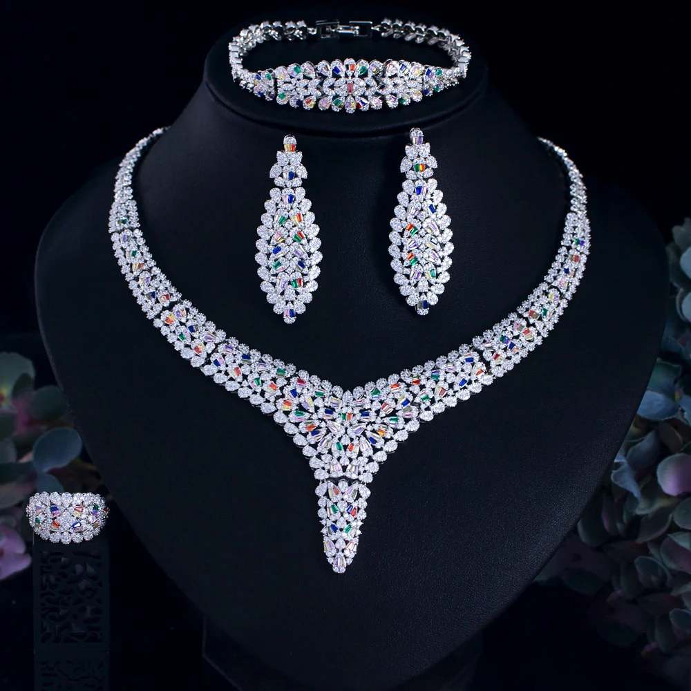 CWWZircons Luxury Chunky Multi Color Cubic Zirconia Pave Women Wedding Party Bridal  Jewelry Sets Dubai 4pcs Accessories T751