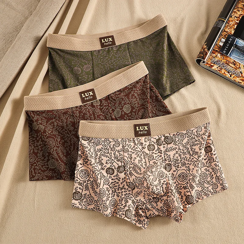 

3pcs/set Men's Cotton Boxers Anti-Bacterial Rose Print Boxer Briefs Breathable Soft Underwear Comfortable Men's Shorts Panties