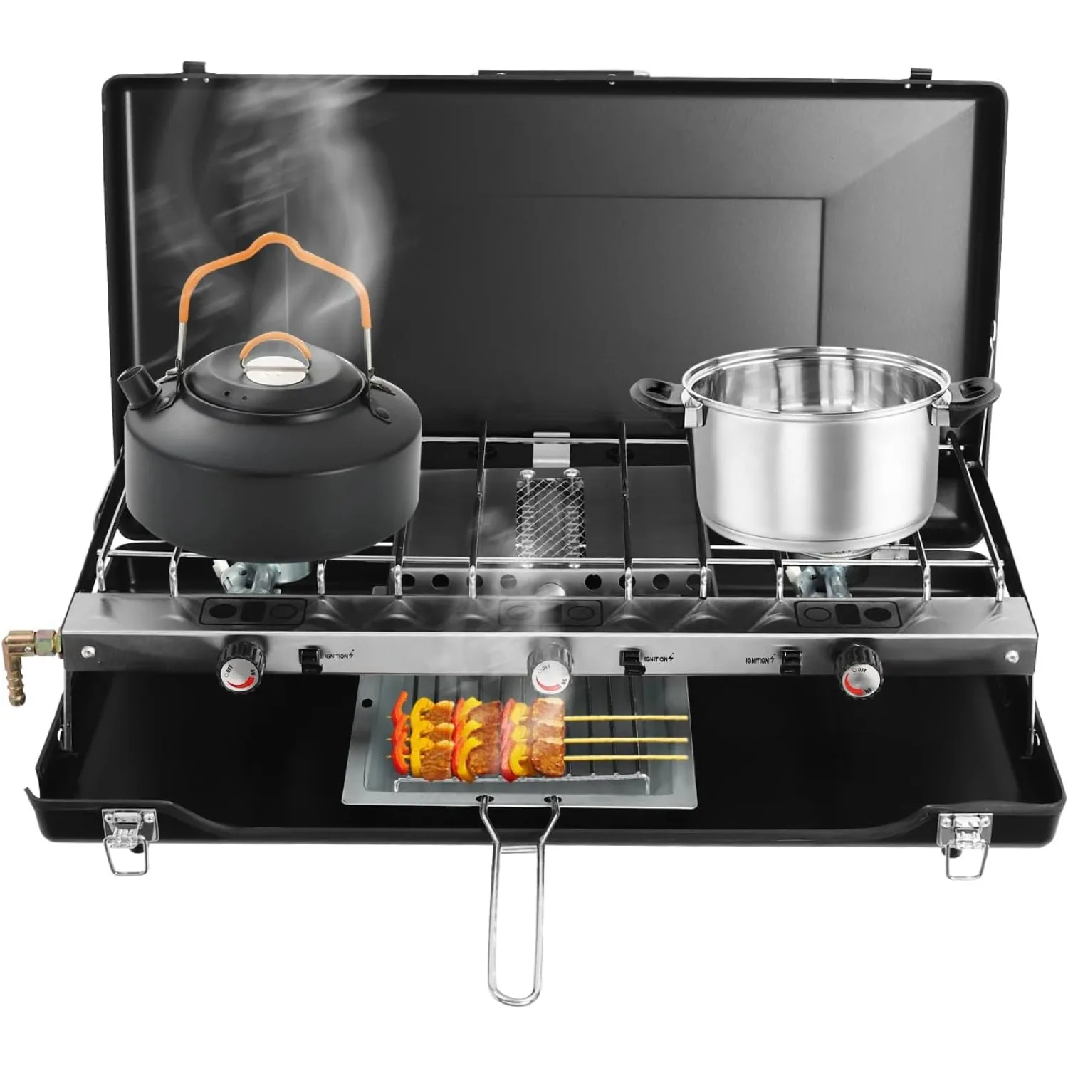 Bruciatore da campeggio propano portatile, fornello da campeggio a 3 fuochi 1,5 kW, fornello da campeggio per barbecue, feste, picnic, escursioni all'aperto