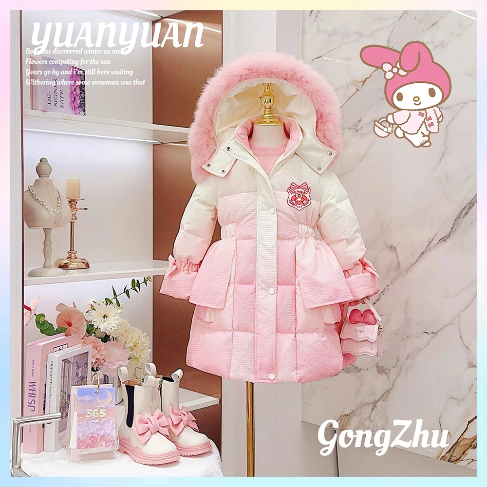 

Пуховая одежда для девочек в стиле аниме My Melody Sanrios, зимняя куртка Kuromifashion с длинным мехом и капюшоном, хлопковая стеганая куртка, теплая верхняя одежда с тонкой талией