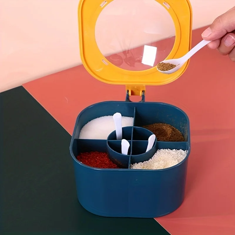 

4-Compartment Kitchen Spice Box - Food-Grade PP Moisture-Proof Organizer with Spoons Modern Minimalist (Yellow/Green)