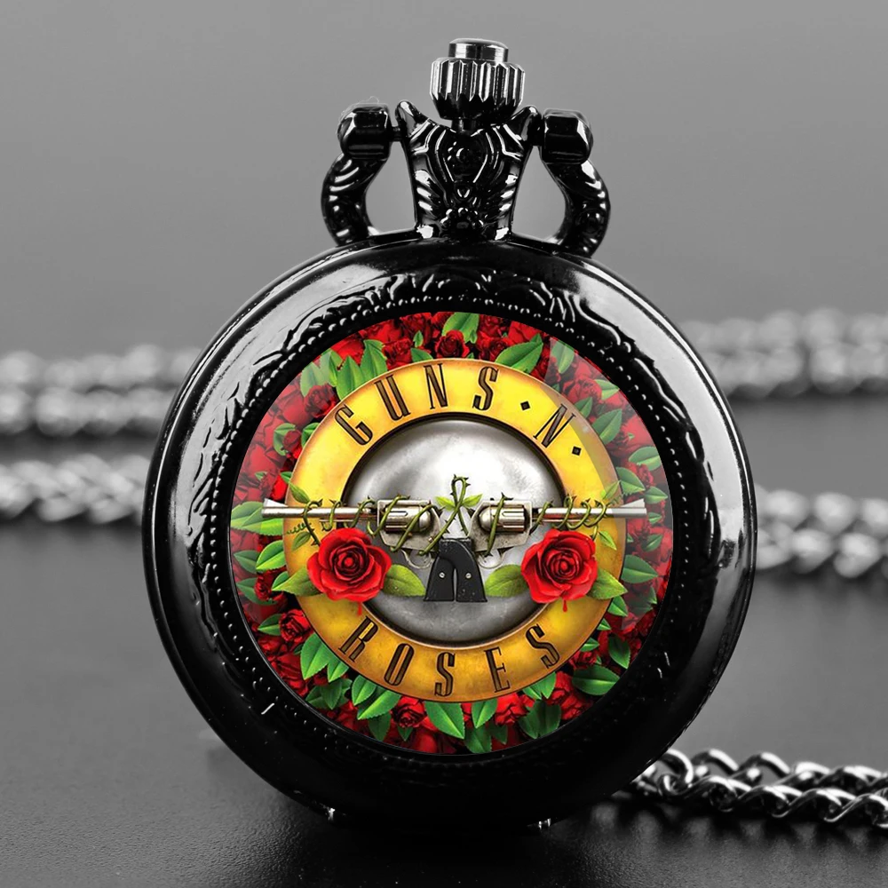 Black Stainless Steel Guns N Roses Bullet Logo  Dome Quartz Pocket Watch Necklace Women Jewelry Pendant Chain Children Gifts