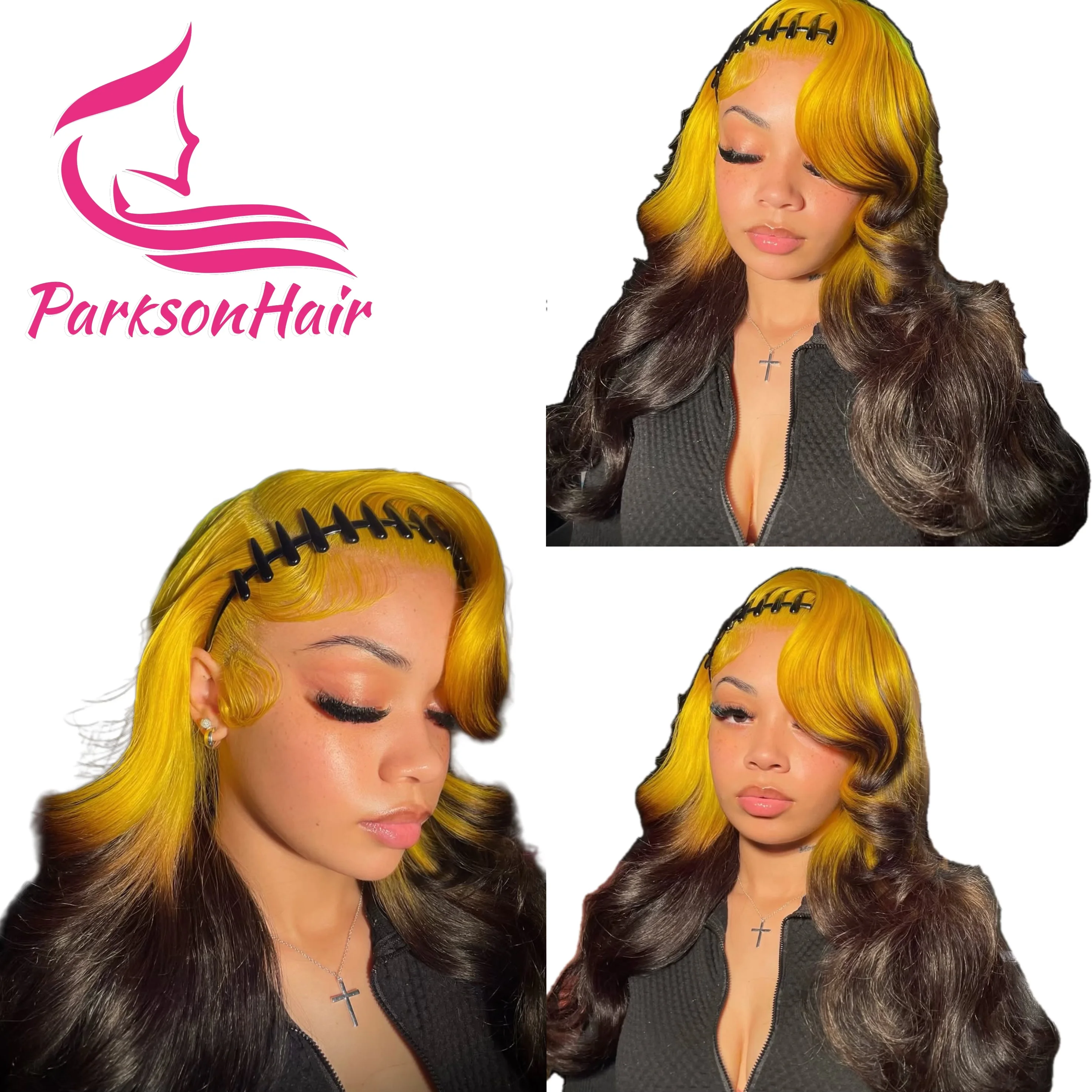 أومبير أصفر أسود 13x6 13x4 الدانتيل الشفاف الباروكات الأمامية قبل نتف الجسم موجة البرازيلي الملونة 613 باروكة من شعر طبيعي للنساء