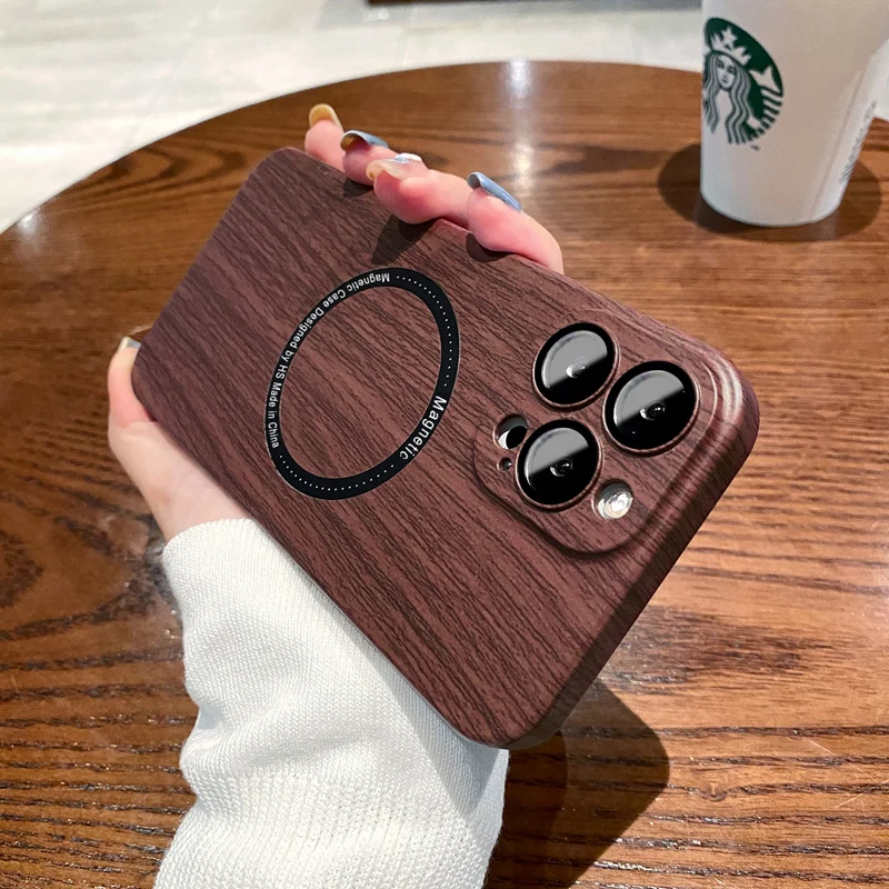 Walnut wood pattern magnetic charging phone case for iPhone 15 14 13 12 11 Pro Max camera lens film magsafe anti fall hard case